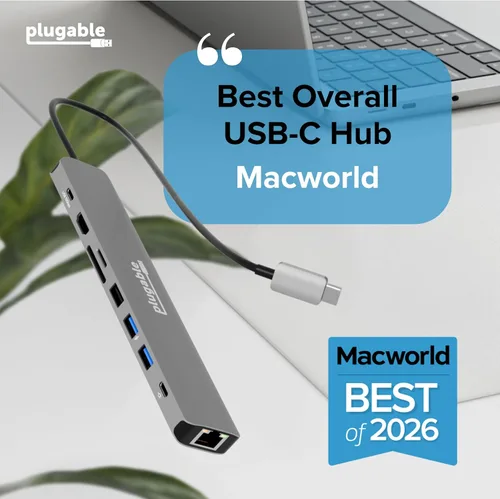 Vista 2 de Plugable Adaptador multipuerto USB C Hub: 9 en 1 con carga PD de 140 W, HDMI 4K 60Hz, transferencia de datos de 10 Gbps, Gigabit Ethernet, SD