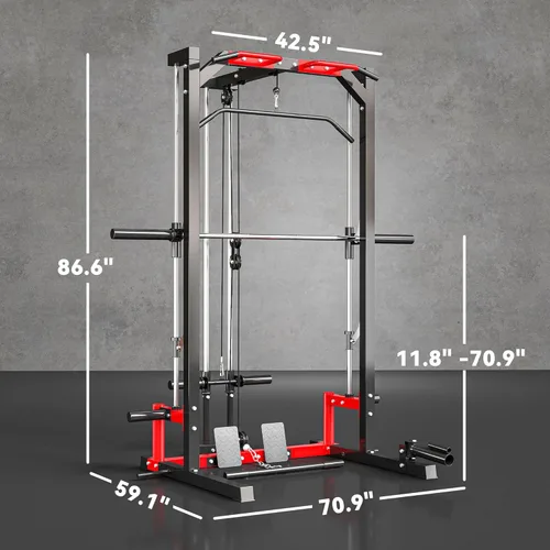 Vista 7 de Soozier Power Cage Smith Machine, estante de alimentación multifunción con barra de dominadas, sistema de extracción LAT y estante para sentadillas