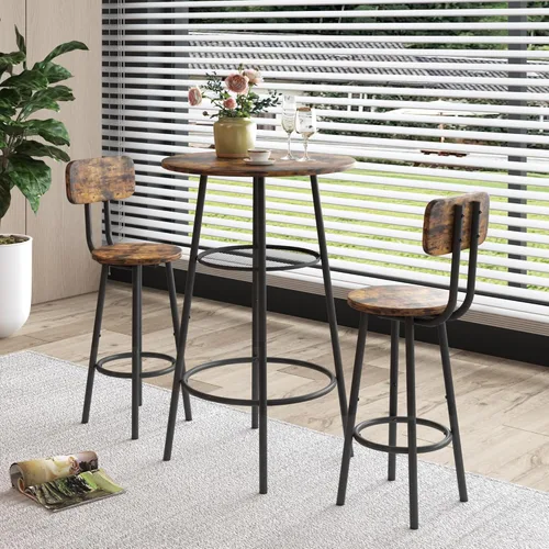 Vista 5 de Juego de sillas de mesa de bistró de 3 piezas para 2, mesa redonda de madera pequeña y taburetes de 24 pulgadas con respaldo, mesa de altura