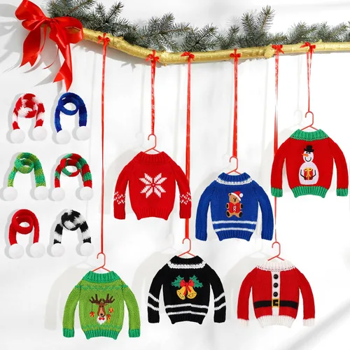 Vista 5 de 12 piezas de conjunto de ropa y accesorios para muñeca de Navidad, suéter con estampado de árbol de Navidad, reno y copo de nieve, pequeño suéter