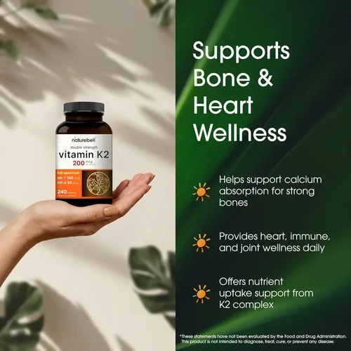 Vista 4 de NatureBell Suplemento de Vitamina K2 de Espectro Completo con MK-7 y MK-4, 200 mcg, 240 cápsulas Fórmula 2 en 1, complejo de vitaminas K – Apoya