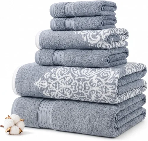 Artesia Damask - Juego de 6 toallas reversibles Jacquard 100% algodón, color azul | Altamente absorbente, suave y afelpado, secado rápido, 550 GSM,