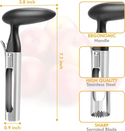 Vista 4 de Descorazonador de manzana, herramienta descorazonadora de manzana de acero inoxidable premium, mango ergonómico resistente, fácil de usar y limpiar