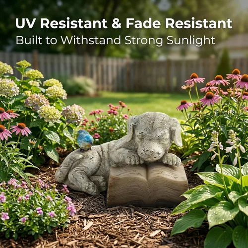 Vista 6 de Topadorn Estatua de perro de resina Estatua de energía solar al aire libre lindo cachorro para decoración de jardín, perro lee un libro