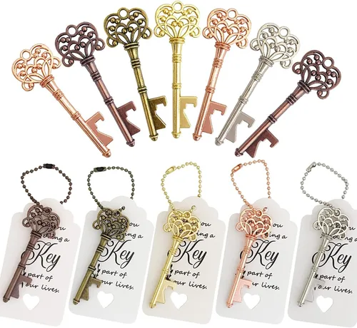 WODEGIFT 60 abrebotellas con llave, recuerdos de boda, regalos de fiesta de despedida de soltera con etiqueta de tarjeta y cadenas, decoraciones o