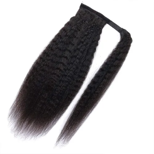Vista 6 de Magic Paste - Cola de caballo de cabello humano lacio afro yaki para mujeres negras, color negro natural, cabello humano virgen brasileño