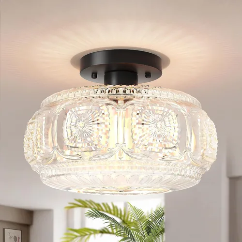 Vista 10 de Lámpara de techo de montaje semiempotrado, lámpara de techo de vidrio globo verde, accesorios de iluminación de cocina Art Deco para techo