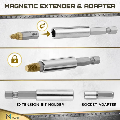 Vista 3 de Juego extractor de tornillos de titanio para tornillos pelados, rotos y dañados - 22 piezas, plata y oro - Kit removedor con brocas, extractores