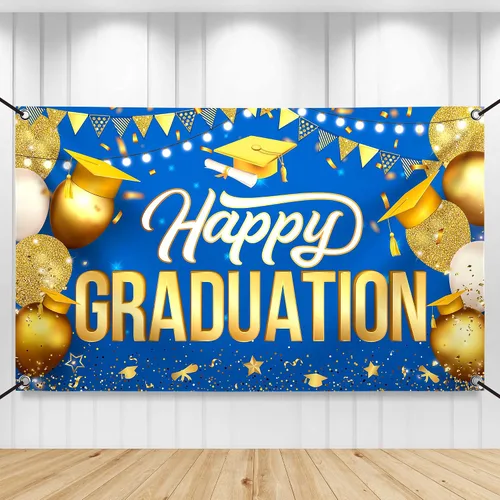 Katchon, Cartel de feliz graduación dorado y azul – Xtralarge, 72 x 44 pulgadas | Fondo de graduación 2026, decoraciones de graduación clase de 2026