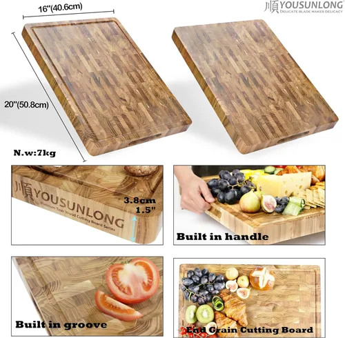 Vista 2 de YOUSUNLONG Tabla de cortar grande de 20 x 16 pulgadas para cocina, tabla de cortar de madera de teca sostenible de 1.5 pulgadas de grosor con ranura