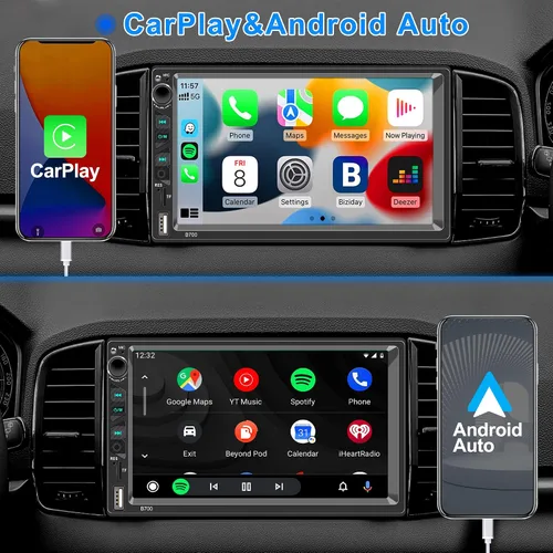 Vista 2 de Estéreo de coche de doble DIN compatible con control de voz Carplay y Android Auto-7 pulgadas HD LCD pantalla táctil, enlace espejo, subwoofer