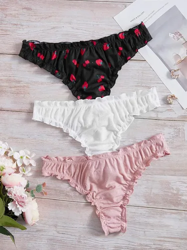 Vista 5 de Verdusa Paquete de 3 tangas gráficas de tiro bajo para mujer, ropa interior con ribete de lechuga