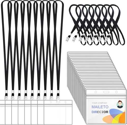 Vista 10 de 100 cordones para insignias de identificación y 100 soportes horizontales de plástico transparente para tarjetas de identificación, cordones de Azul