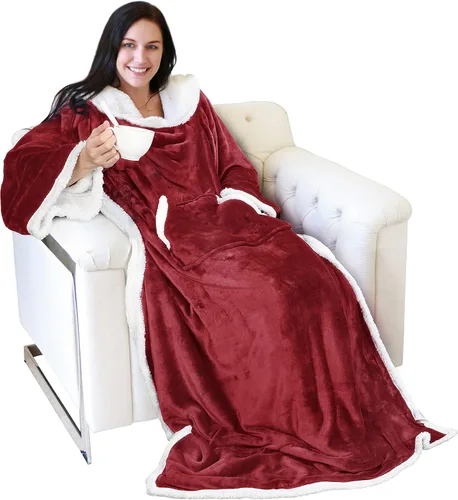 Vista 28 de Catalonia - Manta de forro polar tipo sherpa con mangas, súper suave, cálida y cómoda, de gran tamaño, de forro polar y microplush, con mangas