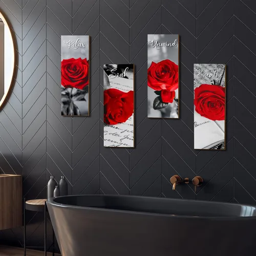Vista 2 de Juego de 4 decoraciones de pared de baño con rosas rojas, decoración de baño, decoración de baño, decoración de pared de granja, placa de madera