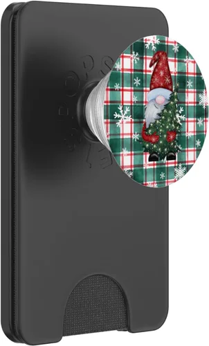 Vista 7 de Lindos gnomos de Navidad, copos de nieve a cuadros verdes y rojos, estilo vintage, PopSockets estándar PopGrip