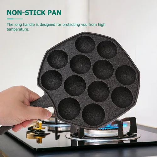 Vista 3 de Cabilock Sartén Takoyaki de hierro fundido, 12 moldes antiadherente Takoyaki Maker Sartén para bolas de pulpo japonesas, Aebleskiver, hojaldre