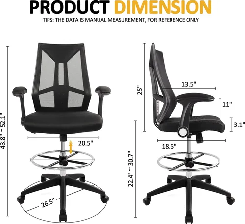 Vista 3 de HYLONE Drafting Chair, Tall Office Chair, High Back Standing Desk Chair Mesh Drafting Stool with Adjustable Foot Ring and Flip-Up Arms(Black)