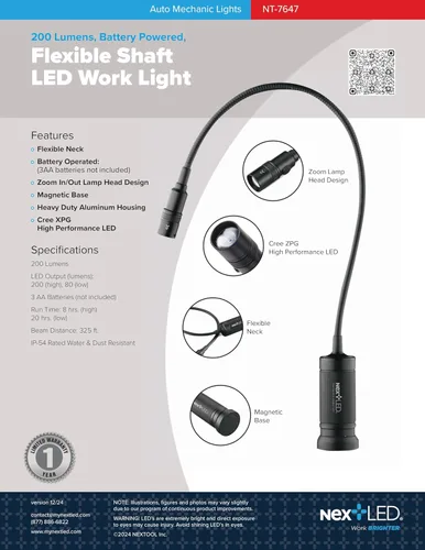 Vista 2 de NextLED NT-7647 linterna de cuello de cisne de 20 pulgadas con base magnética, LED Cree, lente zoomable, clasificación IP54 resistente al agua. Luz