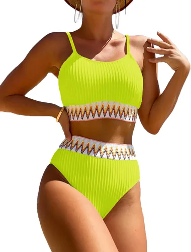 Traje de baño de cintura alta para mujer, conjunto de bikini acanalado de dos piezas, top corto, corte alto, trajes de baño atrevidos