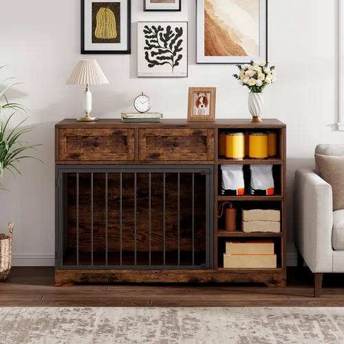 Vista 6 de Muebles de jaula para perros de 47 pulgadas, soporte de TV de jaula para perros grandes con 2 cajones y 4 estantes, perrera de madera para perros