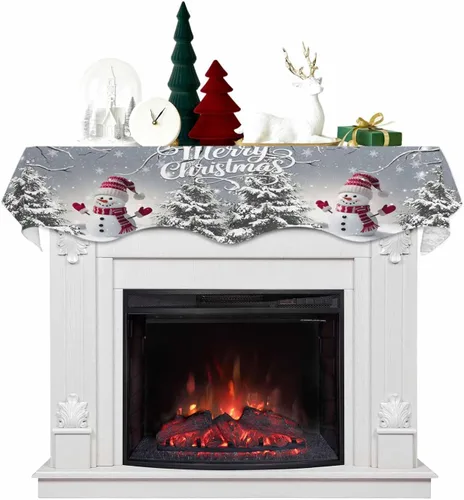 Bufanda de Navidad gris para chimenea, muñeco de nieve gris para chimenea, decoración de mantel de Navidad con copo de nieve de invierno, cubierta