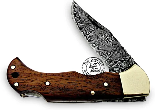 Vista 6 de Cuchillo de bolsillo de damasco hecho a mano de madera de rosa, plegable, cuchillo de caza, cuchillos plegables para hombres con mango de madera