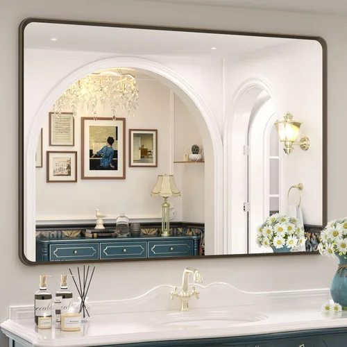 Vista 31 de OKPAL Espejo de Baño con Marco de Metal Negro de 40 x 36 Pulgadas para Pared, Espejo de Tocador de Baño Negro Mate, Espejo Rectangular Redondeado