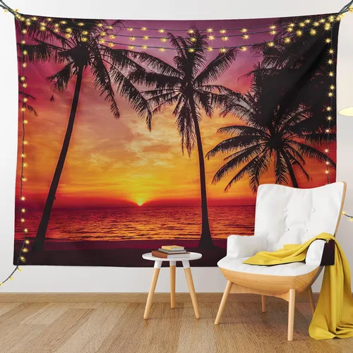 Vista 9 de Lunarable Tapiz tropical, playa tropical al atardecer con palmeras pacífica vista nocturna al océano, decoración para colgar en la pared
