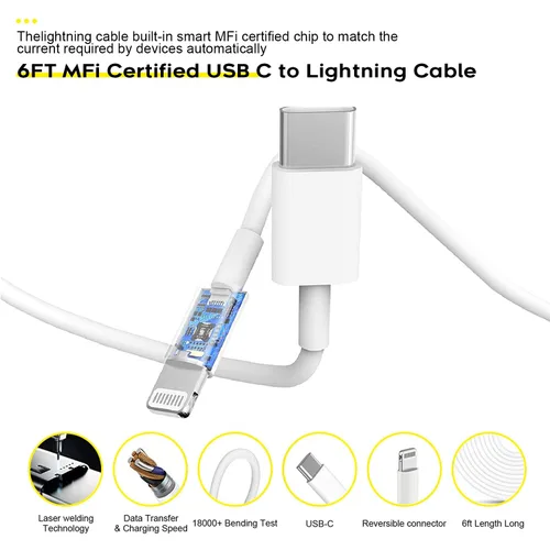 Vista 7 de Cargador rápido para iPhone, cable de carga de teléfono, paquete de 3 cargadores de iPhone de carga rápida de 6 pies, adaptador de carga USB C de 6