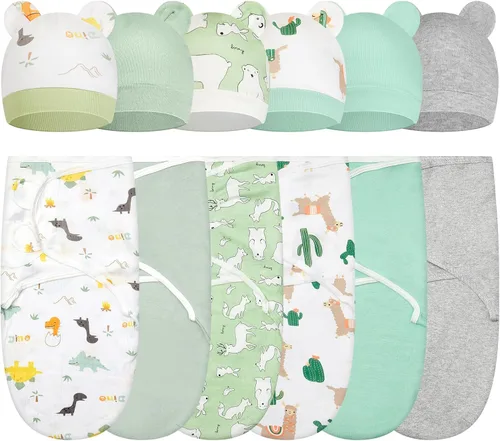 Ramede - Juego de 6 Mantas para Envolver con Gorras para Bebé Niña o Niño, 100% Algodón, 0-3 Meses, Ajustable, Transpirable, Amigable para la Piel,