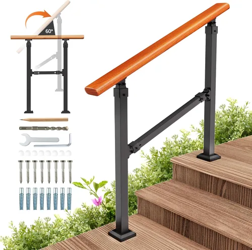 Vista 12 de Kit de pasamanos de escalera al aire libre UOKRR, pasamanos de hierro con grano de madera para interior, se adapta a 1-2 escalones
