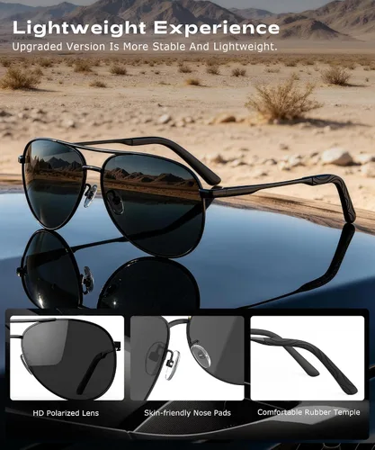 Vista 4 de KALIYADI Gafas de sol de aviador polarizadas para hombres y mujeres con A01-negro/Gris