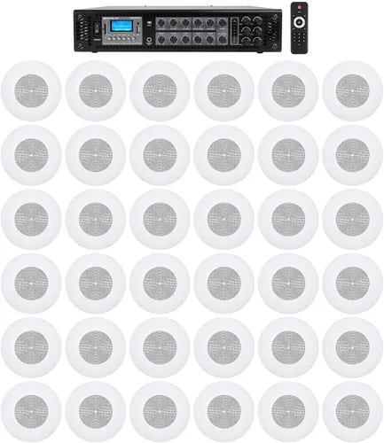 Rockville RCS180-6 180 Watt 6 Zona 70v Comercial/Restaurante Amplificador/Paquete Bluetooth con (36) JBI CSS8008 8" Comercial 70V/100V 5w Altavoz de