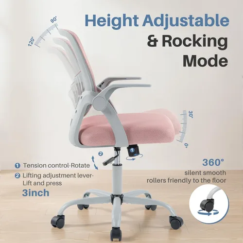 Vista 6 de DUMOS Silla de computadora de oficina en casa, escritorio ergonómico de respaldo medio con soporte lumbar y modo mecedor, altura ajustable