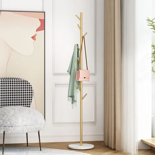 Vista 7 de DOORXIFO Perchero dorado con base blanca, estante de entrada independiente con 3 ganchos, perchero en forma de L para chaquetas, sombreros, ropa