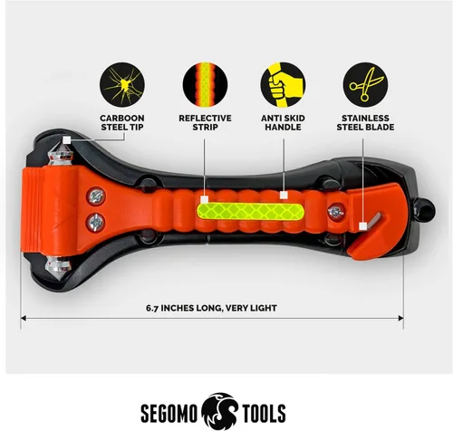 Vista 3 de Segomo Tools 2 martillos de seguridad de escape de emergencia con interruptor de ventana de coche y cortador de cinturón de seguridad - ESHM02