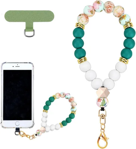 Vista 9 de VICHUNHO Correa de muñeca de teléfono con cuentas de silicona de mármol, cordón para teléfono celular con pestaña de sujeción, pulsera elástica