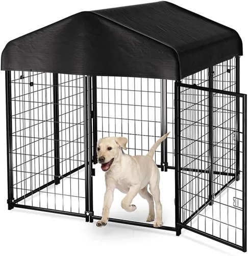 Vista 10 de Perrera para perros exteriores con techo, 8 x 6 x 4 pies para perros grandes, jaula soldada de alta resistencia con cubierta impermeable resistente
