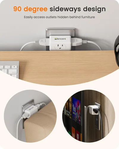 Vista 4 de LENCENT Adaptador de salida de 2 clavijas a 3 clavijas, extensor de enchufe de pared, enchufe de pared múltiple con 3 salidas de CA, expansor