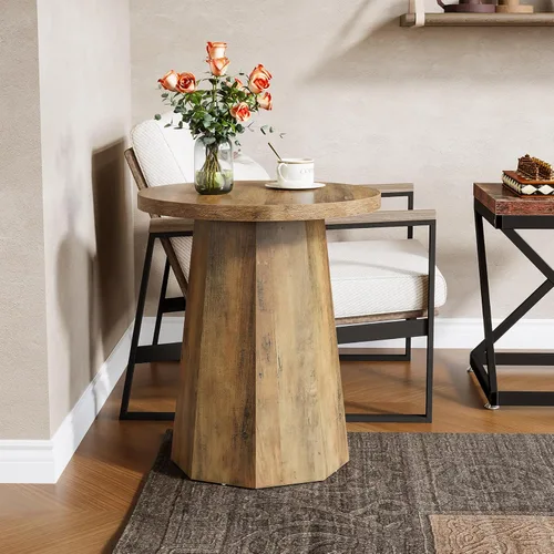 Vista 7 de Tribesigns Mesa auxiliar redonda de granja, mesa auxiliar de madera con base octogonal, mesita de noche marrón rústica, muebles de pedestal