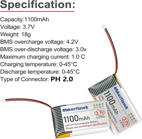Vista 2 de 2 unids 3.7 V 1100 mAh LiPo batería recargable 102540 JST2.0 enchufe batería de polímero de litio con cable de cargador USB de 1000 mA y placa