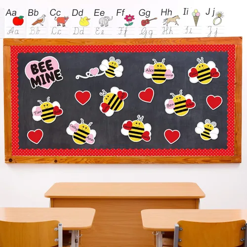 Vista 3 de Whaline Decoración de tablón de anuncios de abejas para el día de San Valentín, recortes de corazón, borde con borde de abeja, linda decoración