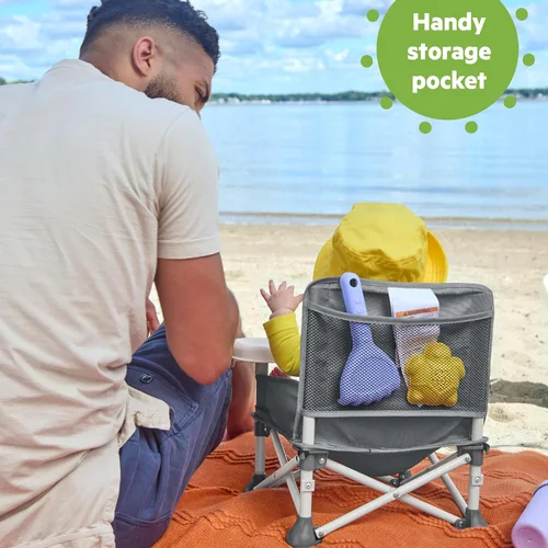 Vista 6 de Bright Starts Pop 'N Sit Asiento elevado portátil, para uso en interiores y exteriores, asiento de piso con bandeja de alimentación, gris, de 6