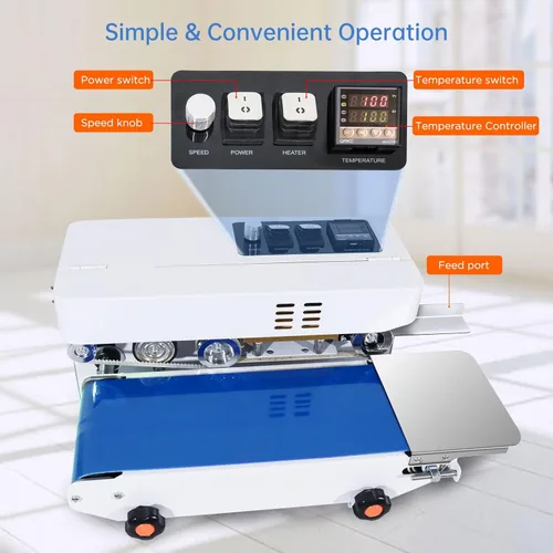Vista 3 de Máquina selladora térmica comercial, máquina automática de sellado continuo de bandas de bolsas con control digital de temperatura, velocidad