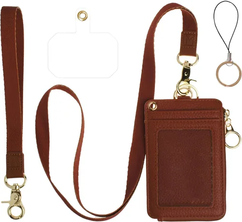 Vista 21 de Mondo Designs Soporte de tarjetas de ID 2 en 1, cartera chica multiusos, correa de muñeca extraíble, cordón para cuello, ventana clara, 5 ranuras