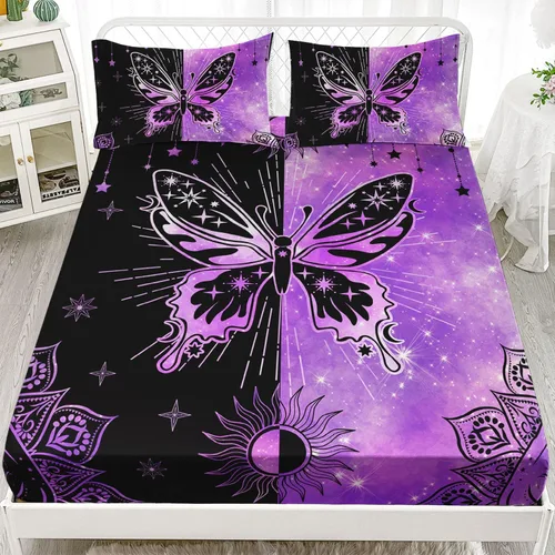 Vista 85 de Juego de sábanas de 4 piezas ajustadas y planas para niñas, estampado de mariposas y flores rosas con 1 + 2 fundas de almohada para cama individual