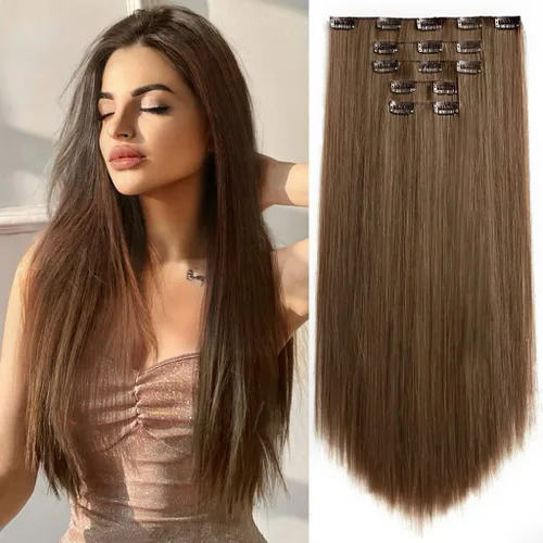 Vista 13 de Extensiones de cabello sintético con clip, color burdeos de 18 pulgadas de largo, invisibles, gruesas, extensiones de cabello lacio con clips, 5