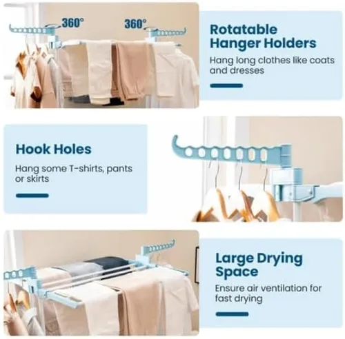 Vista 9 de Blue 4-Tier Foldable Clothes Drying Rack with Wheels, Heavy Duty Metal Laundry Hanger Stand for Indoor Outdoor Use