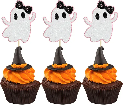 Gyufise 24 adornos de fantasmas para cupcakes rosa con purpurina para